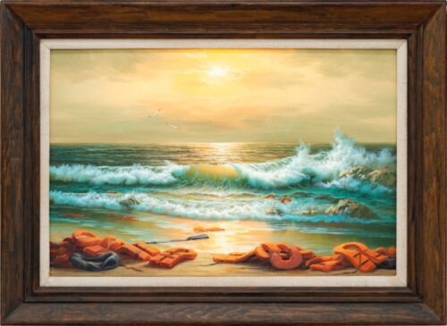 As obras doadas, intituladas ENTITY_quot_ENTITYVista do Mar Mediterrâneo em 2017ENTITY_quot_ENTITY, foram pintadas a óleo pelo britânico Banksy