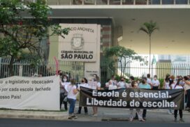 Professores de escolas privadas fazem manifestação em frente à Câmera de Vereadores