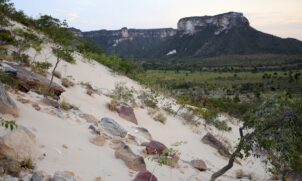 PAREDÕES ARENOSOS. Não é difícil encontrar elevações rochosas em harmonia com areia: além das cachoeiras, dunas também são frequentes em Aurora do Tocantins. A cor da areia pode variar de bege até aquela meio avermelhada - e o contraste com o verde do cer