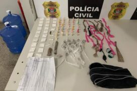 Foram encontrados 108 pinos de cocaína, 49 de pedras de crack, 96 porções de maconha e R$ 46 em dinheiro