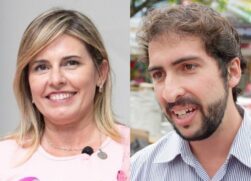 Os candidatos à prefeitura de São Vicente: Solange Freitas (PSDB) e Kayo Amado (Podemos)