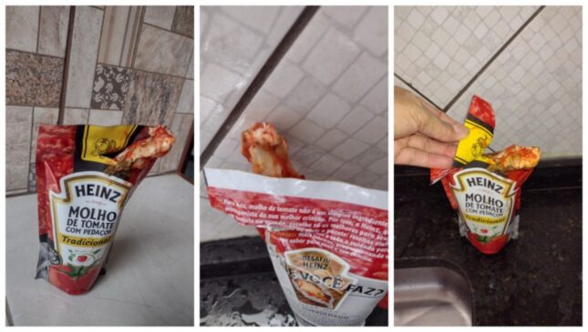 Edna diz ter encontrado pedaço de frango em molho de tomate