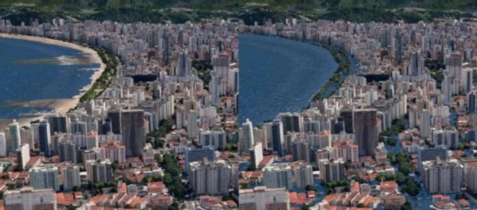 À direita Santos, hoje. À esquerda, no futuro, se nada for feito para frear o aquecimento global